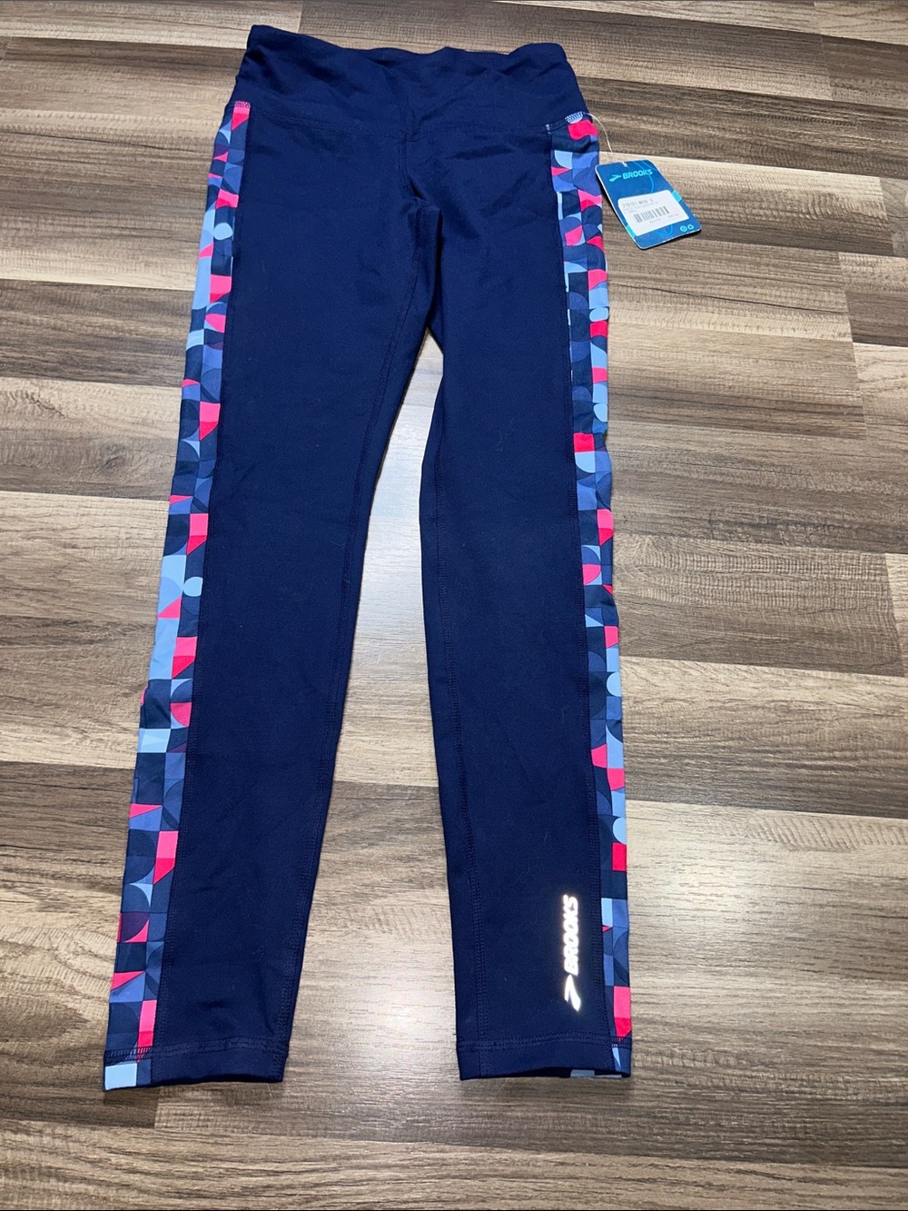 Brooks Navy Leggings with Pink & Light Blue Geometric Side Panels